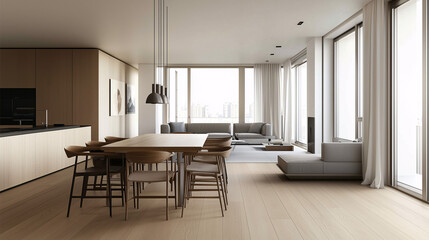 Minimalist open-plan living and dining area with light wood flooring, a sleek dining table with simple chairs, and a modern sofa. Large windows letting in natural light