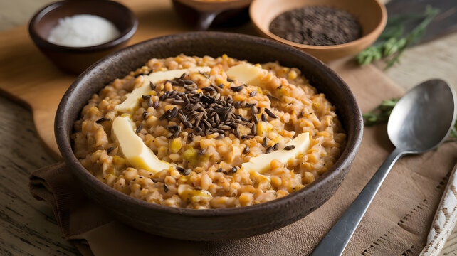 A traditional bowl of Majhafiyah, a thick dish made from mashed wheat or grains cooked with butter and spices, garnished with black cumin seeds for an earthy, aromatic flavor.






