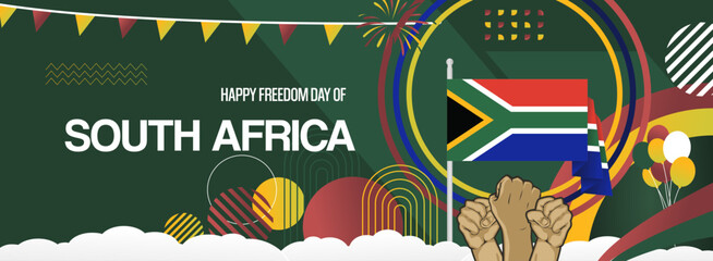 South Africa national freedom day banner with flag. Modern abstract art for national holiday greeting cards, sport and music event posters, newsletters and web headers. Horizontal background