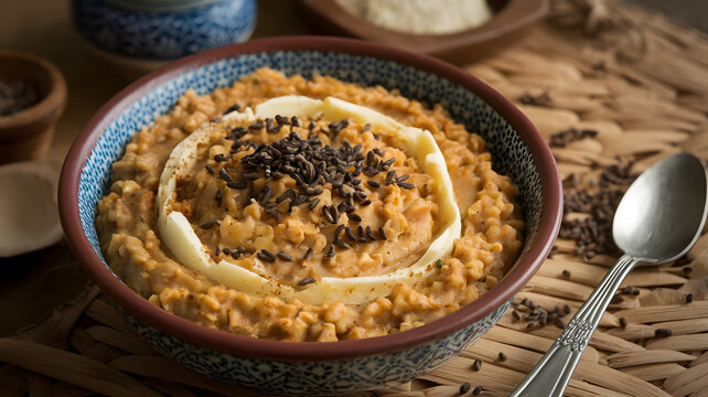A traditional bowl of Majhafiyah, a thick dish made from mashed wheat or grains cooked with butter and spices, garnished with black cumin seeds for an earthy, aromatic flavor.






