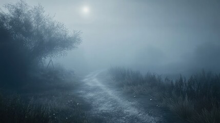 Obraz premium A desolate path shrouded in thick mist, with dim light barely piercing through, creating an eerie Halloween atmosphere full of mystery and suspense.