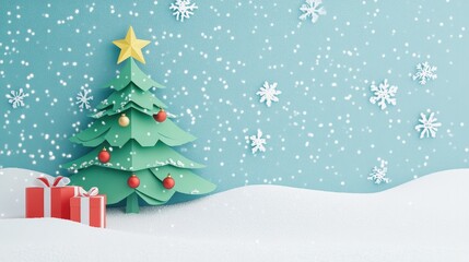 A paper cutout Christmas tree and gifts on the left side, with soft snowflakes falling and copy space on the right against a snowy white background.