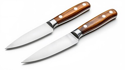 Fototapeta premium Two stainless steel kitchen knives with wooden handles, depicted as professional culinary tools against a white background, emphasizing their sharp quality and craftsmanship.