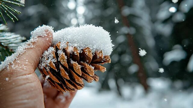 A hand holding a pine cone covered in snow, with snowflakes falling in a winter forest.