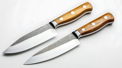 Fototapeta premium Two stainless steel kitchen knives with wooden handles, depicted as professional culinary tools against a white background, emphasizing their sharp quality and craftsmanship.