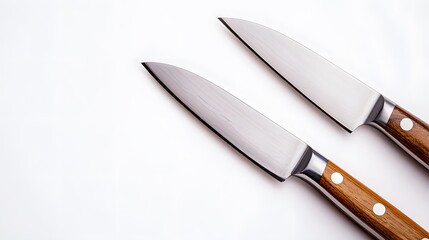 Obraz premium Two stainless steel kitchen knives with wooden handles, depicted as professional culinary tools against a white background, emphasizing their sharp quality and craftsmanship.