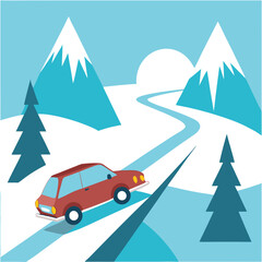 Car driving on snowy mountain road in winter landscape illustration