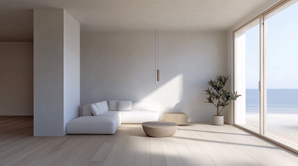 Fototapeta premium Minimalist Scandinavian-style living room with a large leafy plant in a corner, light-colored furniture, and a bright, uncluttered space