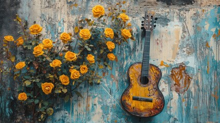 Naklejka premium Acoustic Guitar and Roses on a Weathered Wall