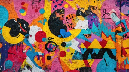 Fototapeta premium Brightly colored 90s graffiti and street art on a textured wall