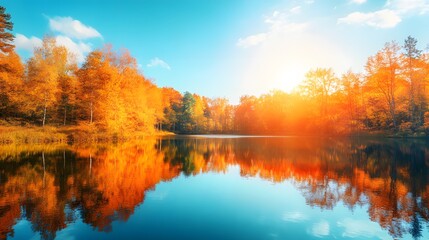 Obraz premium A vibrant autumn forest lake reflecting golden foliage and a clear blue sky under bright sunlight, creating a serene landscape with colorful trees on a crisp fall day.