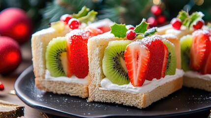 Festive fruit sandwiches with holiday-themed designs, filled with strawberries, cream, and kiwi slices, perfect for a Christmas party.