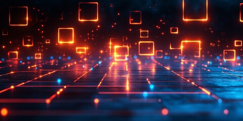 Obraz premium Futuristic Neon Geometric Abstract Background with Glowing Orange and Blue Squares and Copy Space
