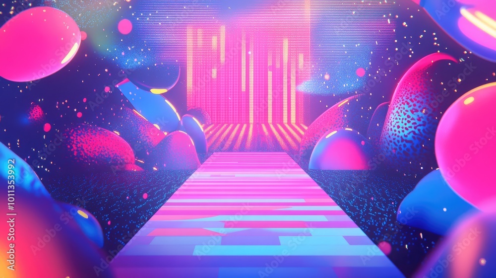 Fototapete nostalgic 90s backdrop featuring abstract patterns, neon lights, and retro elements, with a large ar
