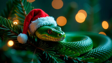 Green snake - symbol of 2025, in Santa's hat