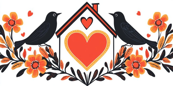 black birds, house, hearts, orange flowers clip art preview