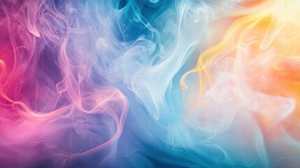 Obraz premium Rainbow smoke swirls of every color merge softly with white mist, creating a vibrant and dreamy background with flowing shapes.
