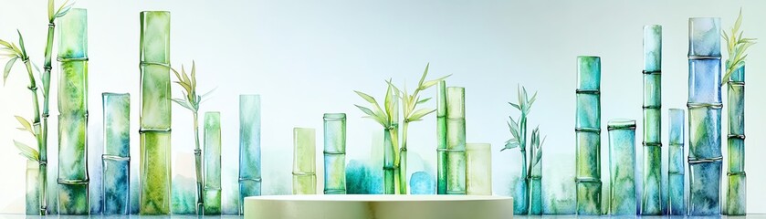 Modern bamboo-themed glass art installation with green and blue tones, perfect for contemporary interior design inspiration.