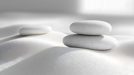 Smooth white pumice stones arranged in a minimalist composition, set against a monochromatic background with soft lighting, evoking a zen garden aesthetic for wellness themes.
