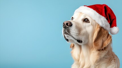 Adorable Golden Retriever Wearing Christmas Hat on Pastel Blue Background for Holiday Greeting Card or Banner