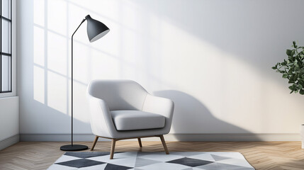 Modern minimalist corner with a stylish armchair, simple floor lamp, and a geometric rug on wooden floors, creating a cozy and clean space
