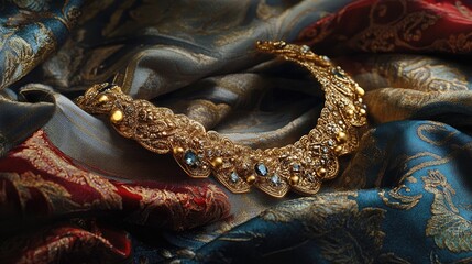 Obraz premium A glamorous gold necklace set against a backdrop of luxurious fabrics and textures, creating an opulent scene that emphasizes high-end fashion and style