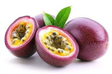 Halved Juicy Purple Passion Fruits With Bright Yellow Pulp and Green Leaves on a White Background