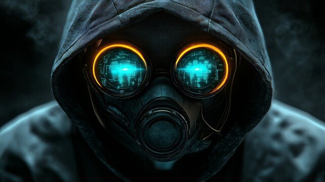 Cyberpunk Portrait. Man in Hood with Futuristic Gas Mask and Glowing Eyes. Digital Art.