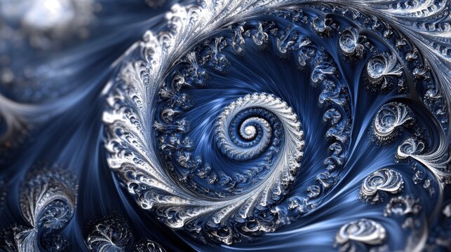 Abstract fractal design with intricate blue and silver patterns spiraling inward, creating a hypnotic and mathematical visual effect.