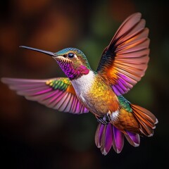 Fototapeta premium A vibrant hummingbird flutters in the air, showcasing its colorful wings. This stunning image captures the beauty of nature in vivid detail. Perfect for nature lovers and personal projects. AI