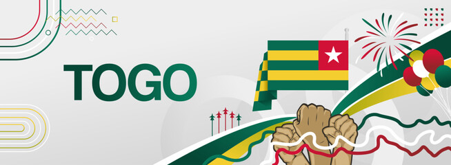 Togo independence day banner with country flag. Modern abstract art for various purposes such as public holiday greeting cards, sports and music event posters, web headers. Horizontal template