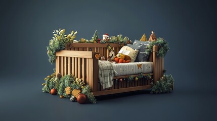 Baby crib with Christmasthemed bedding and garlands, 3D illustration