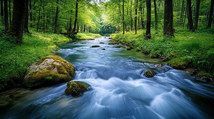 Obraz premium A serene river flowing rapidly through a forest, showcasing the steady power of water over time, river flow, natural energy