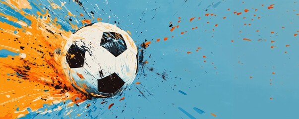 Soccer ball bursting with vibrant paint splatters against a blue backdrop, sport illustration for banner or flyer