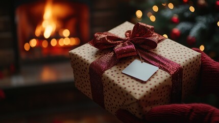 A beautifully wrapped gift beside a cozy fireplace during the holidays.
