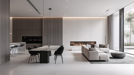 Modern minimalist open-plan space with a marble dining table, black chairs, and a white sofa. Clean walls and minimal decor, with plenty of natural light flowing in
