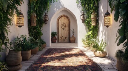 A white arched doorway with a wooden door and a patterned rug leads to a lush courtyard with potted plants.