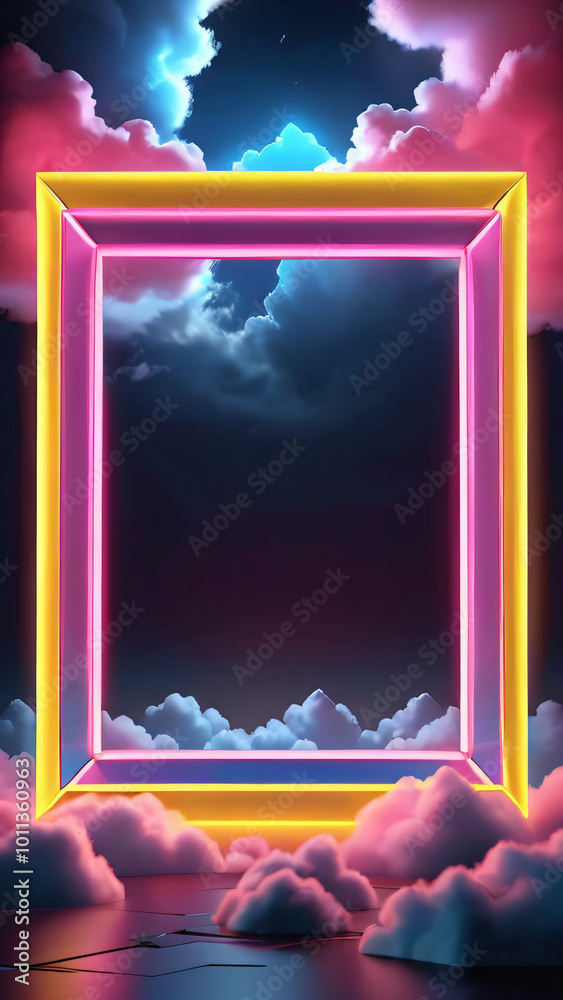 Wall mural 3d render, abstract minimal background with pink blue yellow neon light square frame with copy space, illuminated stormy clouds, glowing geometric shape.