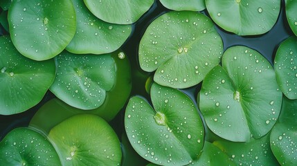 Fototapeta premium Water Lily Leaves Float Peacefully on a Calm Pond With Droplets in Morning Light