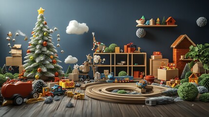 Fototapeta premium Playroom with Christmas tree and festive toys, cheerful holiday atmosphere, 3D illustration