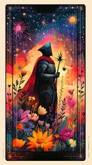 Knight in Battle Among Vibrant Cosmic Background