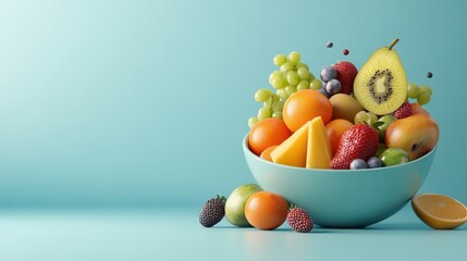 Vitamin-rich fruits in a bowl, bright color contrast