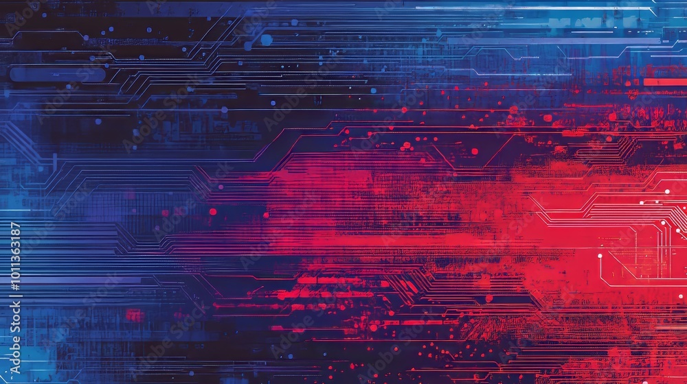 Poster head-up display interface. mirrored pattern. blue, red background with digital integrated network te