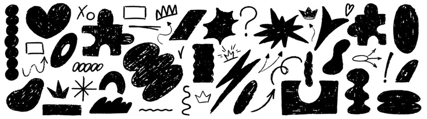 Hand drawn arrow scribble crayon set. Squiggle, scratch doodle kid arrow star set. Crayon scratch texture shape children kid naive. Vector illustration