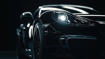 A black car with headlights, close-up, against a black background
