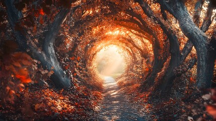 A picturesque autumn forest scene with vibrant red, orange, and yellow leaves on the trees, creating an enchanting path through the woods