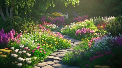 A picturesque garden filled with needle flowers of various colors, arranged beautifully among lush greenery, inviting viewers to explore the vibrant and harmonious landscape