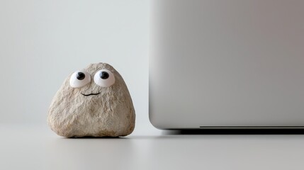  A cute rock with googly eyes looking up at a laptop on a minimalist desk, humorously depicting curiosity.
