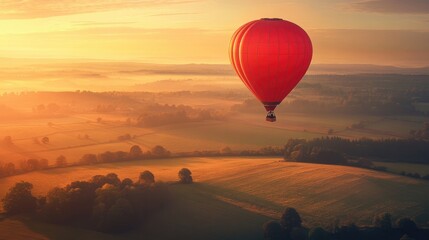 Fototapeta premium A red hot air balloon soaring over a vast landscape at sunrise, with soft light highlighting the beauty of the early morning sky.