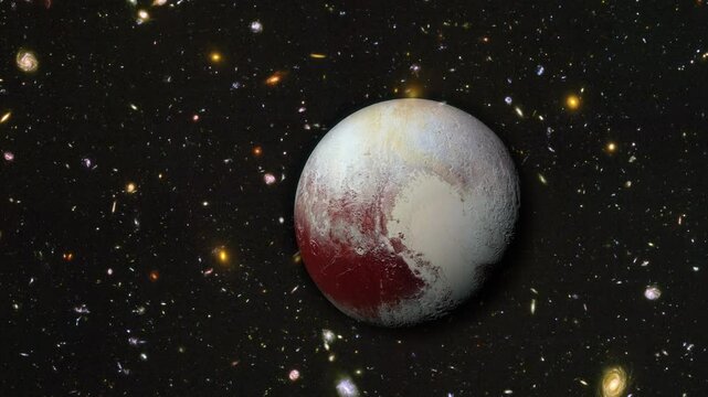 Flying Towards Planet Pluto In Our Solar System Surrounded By The Universe Background Effect